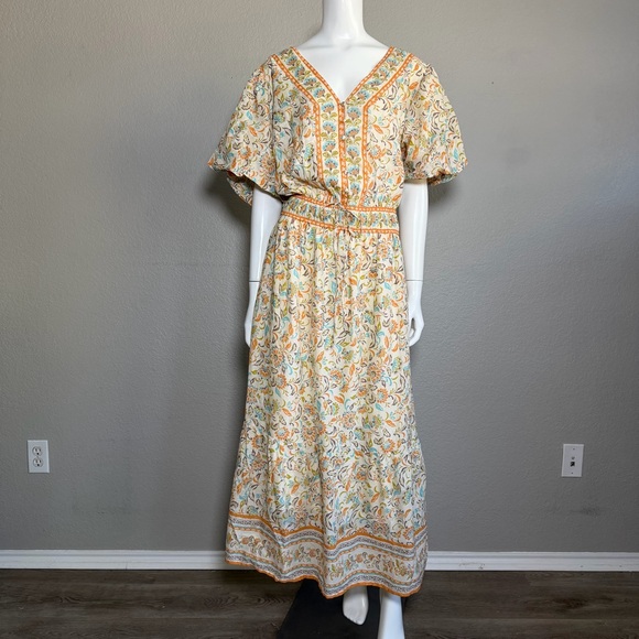 Léa Boho Maxi Dress NWT Floral Cotton V Neck Tiered Pockets Resort 2X - Picture 3 of 10